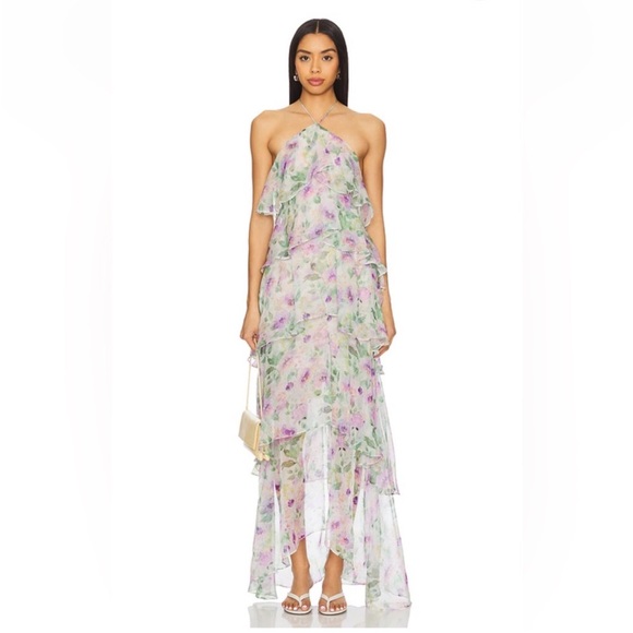 elliatt mirabelle purple floral print tiered ruffle halter neck maxi dress XL - Picture 1 of 9